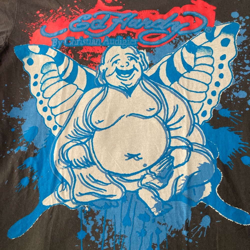 Ed Hardy SZ XL 100% cotton dark gray slate Buddha butterfly design vintage - Picture 4 of 6